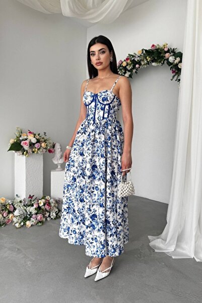 Caddebostan Moda Floral Patterned Rope Strap Corset Midi Dress Stylish Summer...