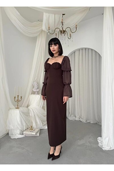 Caddebostan Moda Square Neck Chiffon Sleeves Satin Look Midi Evening Dress