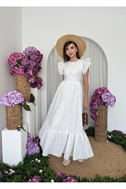 Caddebostan Moda Ruffle Detailed Embroidered Poplin Summer Long Dress