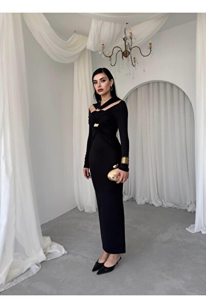 Caddebostan Moda Brooch Detailed Long Sleeve Low-Cut Midi Evening Dress