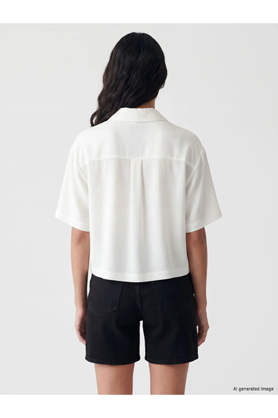 LC Waikiki White Linen Blend Crop Women's Shirt