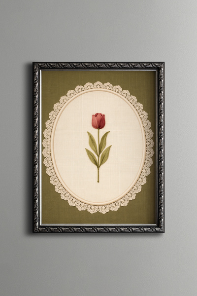 epiqart Nakış İşlemesi Görünümlü Lale Tasarımı - Vintage Desenli Çerçeve - İn...