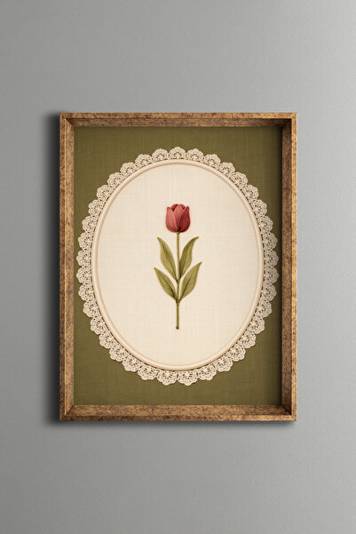 epiqart Nakış İşlemesi Görünümlü Lale Tasarımı - Vintage Desenli Çerçeve - İn...