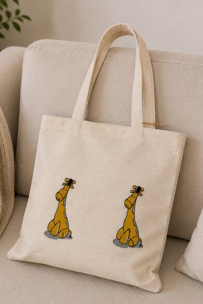 Elegancembroidery Giraffe Embroidered Linen Tote Bag – Cute Design Casual Sho...