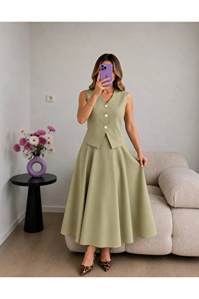 Ekim Store Set vestă cu nasturi aurii, fustă și sacou dublu