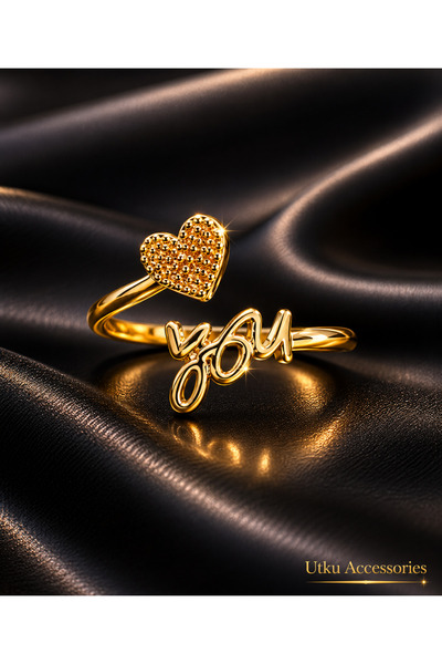 utkuergin Adjustable Steel Ring with Love-Themed Heart and Love Inscription