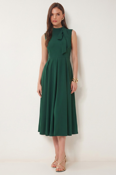 Lovelyİstanbul Rochie midi țesută cu detaliu eșarfă LNT0036 VERDE SMARAGD