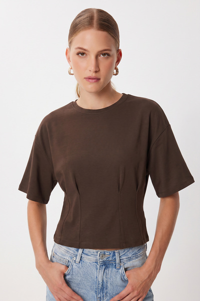 Lovelyİstanbul Waist-Fitted Cotton Knitted Blouse Lub0356 Brown