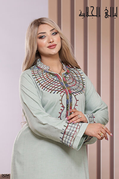 Lyaly aljlabyh Luxe Linen Jalabiya Mandarin Collar — Embroidered Royal Wing P...