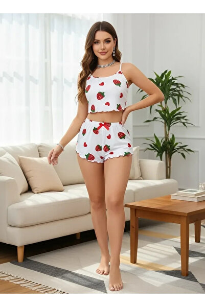 Beruflic Women's White Strawberry Patterned Shorts Pajama Set Cute Comfortabl...
