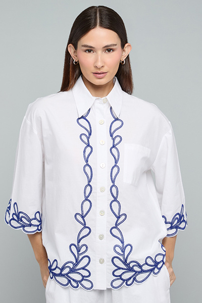 R&B Embroidered Shirt with Classic Collar and 3/4 Sleeves