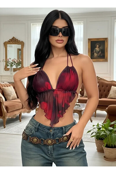 Beruflic بلوزة نسائية باللون الأحمر والأسود مع حزام أمامي وتفاصيل قص مثلث الش...