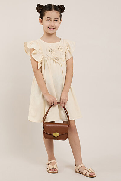 R&B Appliqued Flared Dress with Crew Neck and Flutter Sleeves
