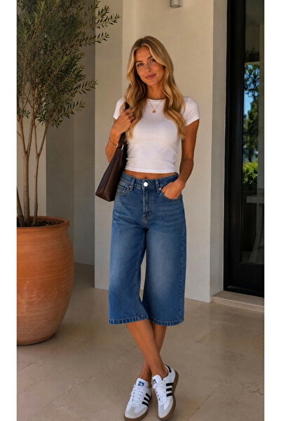 modaselda Kadın kot kapri süper yüksekbel esnek denim