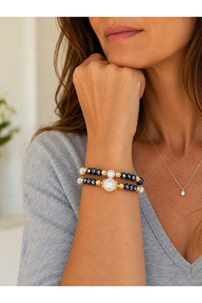 COCOSH TAKI Smoked navy blue crystal stone, pearl and gold detailed multi-com...