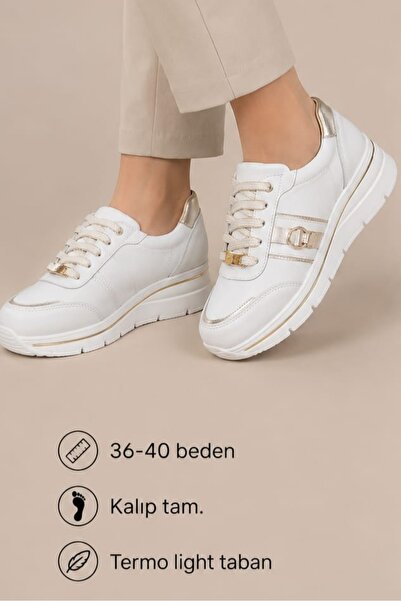 Mammamia 7110 Hakiki Deri Krem Bağcıklı Gold Detaylı Kadın Sneaker Ayakkabı