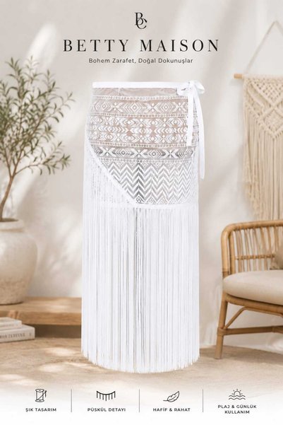 Handmade Betty Bands Women's Bohemian Tasseled Lace Skirt White Midi Skirt Summer Beach Skirt with Belt and Belted Skirt