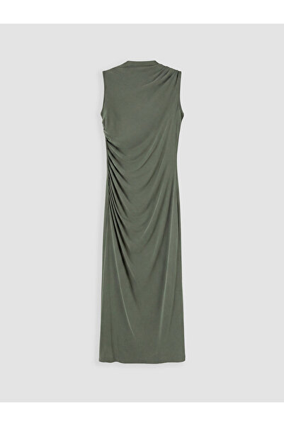 LC Waikiki Green Stand Collar Gathered Modal Blend Dress