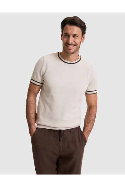 Pierre Cardin Tricou tricotat cu gât rotund, 100% bumbac, bej închis, croială...