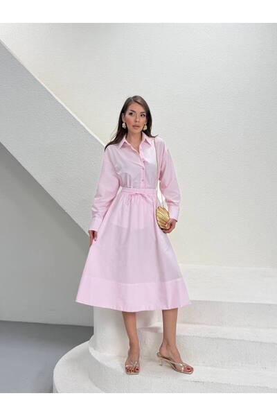 GAMZE ALPTEKİN Premium Poplin Fabric Shirt Collar Waist Gathered Midi Dress