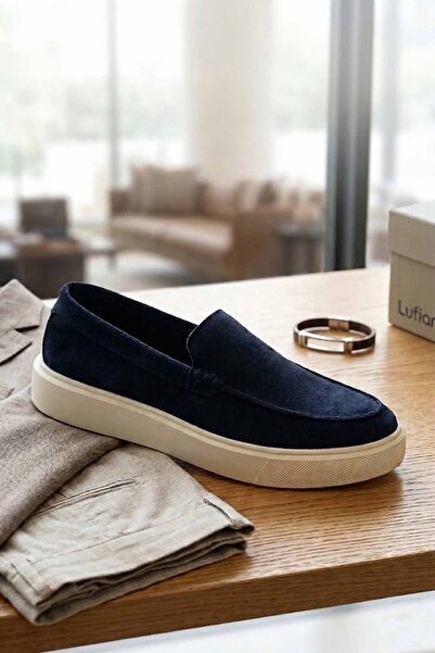 Lufian Men's Khaki/Navy Blue Suede Loafer Shoes - Comfortable Thick Sole Casu...