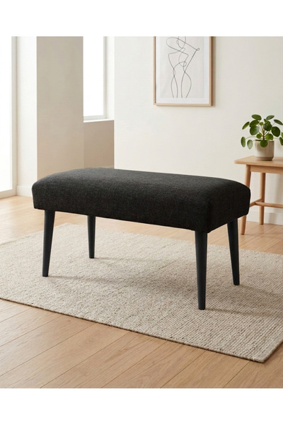 Azra Aksesuar Koyu Gri Keten Kumaş Bench Puf 90x45x46 cm Ahşap Siyah Ayaklı D...