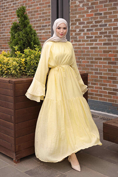 İmajButik Yellow Sleeveless Layered Waist Tie Dress