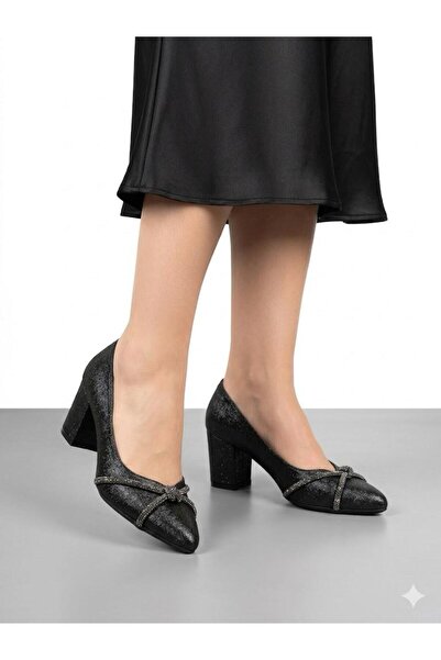 Lütfi Women's Black Thick Heel Comfortable Fit Heeled Shoes