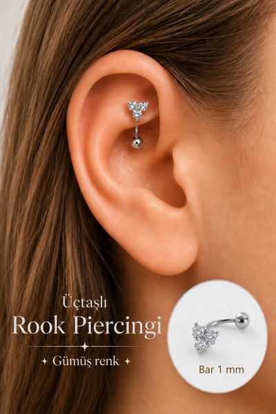 Sacce Scarves&Accessories Zirkon Taşlı Üçtaşlı Rook Piercing Çelik Bar 1 mm