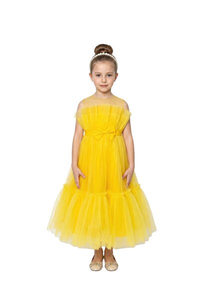 Bidani - Yellow Tiered Tulle Party Dress with Bow Accent - 4Y to 13Y