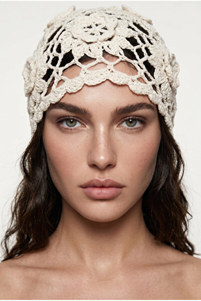 Alice İsstanbul Cream Knitted Floral Summer Beanie&Hat