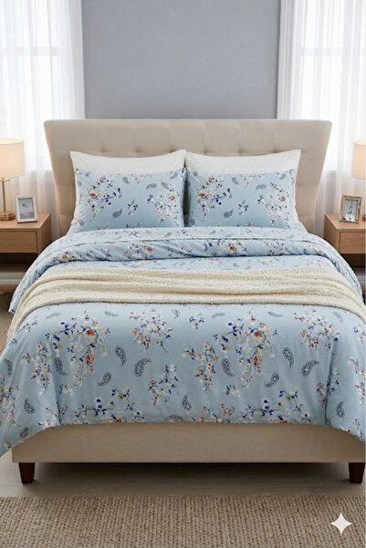 BC-CARWENTEX Ranfors Cotton Elastic Bed Sheet Set Premium Blue Ethnic