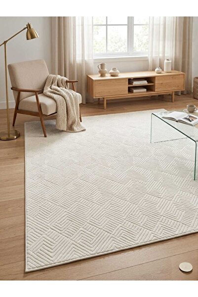 Merino Aden Non-Slip Based Cut Embossed Living Room Corridor Kitchen Washable Cream