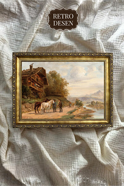 Retro Vintage Çerçeveli Manzara Tablosu, Kır Evi Tablosu, Sanatsal Baskı, Duv...