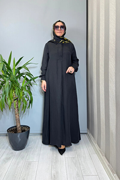MISS DALIDA Gömlek Yaka İpek Keten Uzun Elbise Siyah 2264351