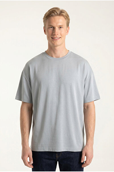 ELAFRO Men's Gray Oversize Modal Fabric Silky Textured Crew Neck T-Shirt