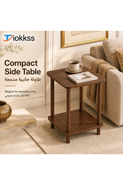 Tiokkss طاولة جانبية خشبية، 40x40x53 سم، طاولة صغيرة مدمجة ذات طبقتين مع رف ت...