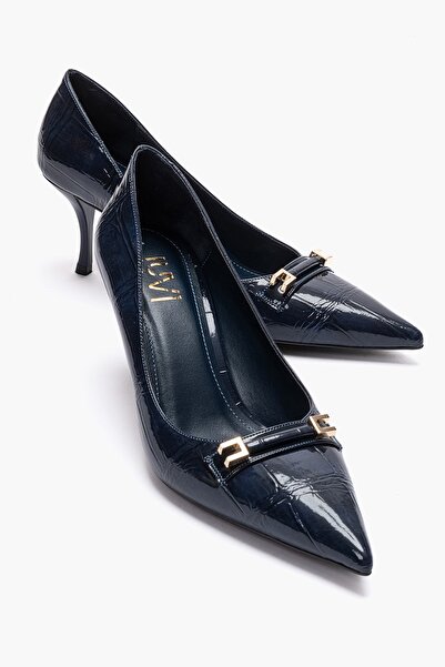 LuviShoes Poesy Navy Blue Print Buckle Women's Heeled Shoes