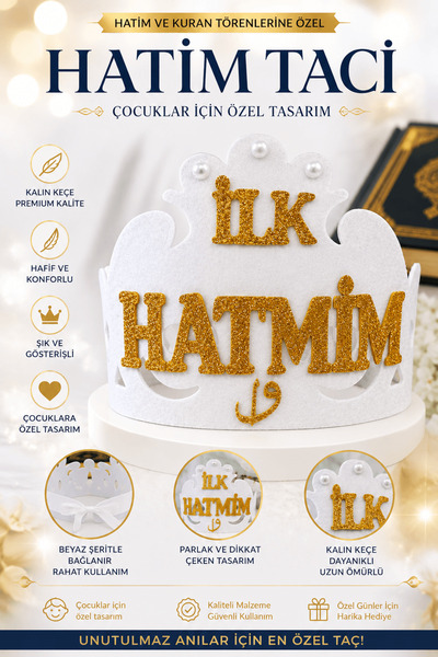 Aydede Oyunevi Hatim Tacı Keçe Beyaz İlk Hatim Tacı Çocuklar İçin Kuran ve Ha...