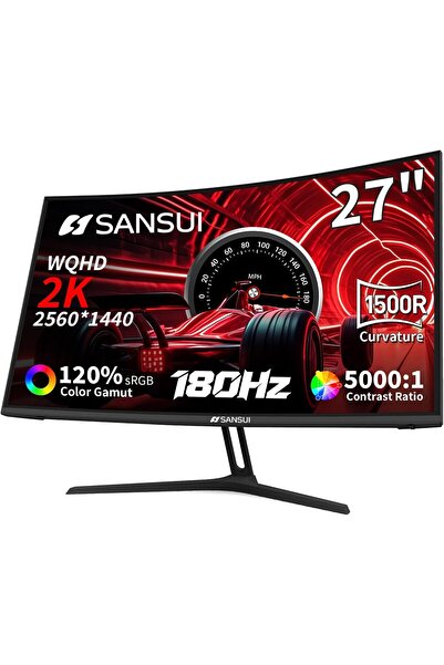 SANSUI شاشة ألعاب منحنية مقاس 27 بوصة بدقة WQHD 2560X1440، معدل تحديث 180 هرت...
