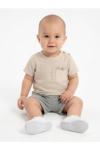 Beyaz Bebek %100 Pamuk Muslin Erkek Bebek Şortlu Takım - Çizgili Tişört ve Şo...