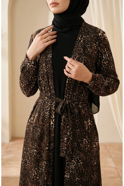sefamerve Bürümcük Fabric Leopard Abaya Jile Double Set 0511-01 Black