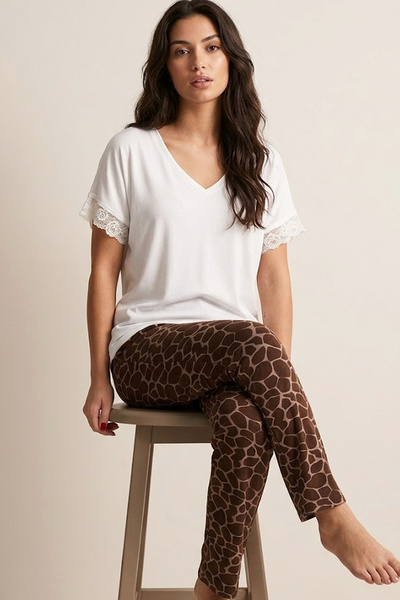 Siyah İnci Ecru Coffee Patterned Lace Detailed Viscose Knitted Pajama Set2611...