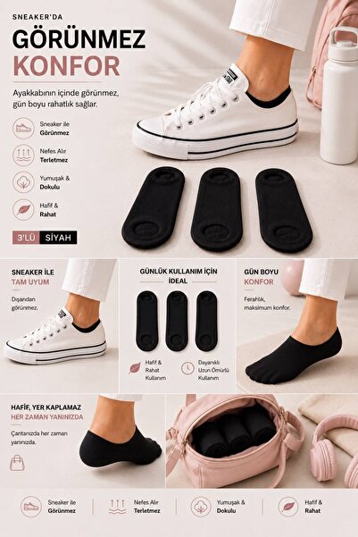 ask Women's Black 3-Piece Invisible Sneaker Socks