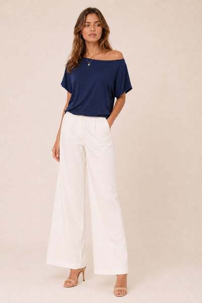 Mossta Off-Shoulder Loose Fit Bat Sleeve Viscose Blouse - Navy Blue