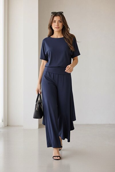 BELISTIL Women's Draped Modal Blouse and Flounce Detailed Palazzo Pants Set