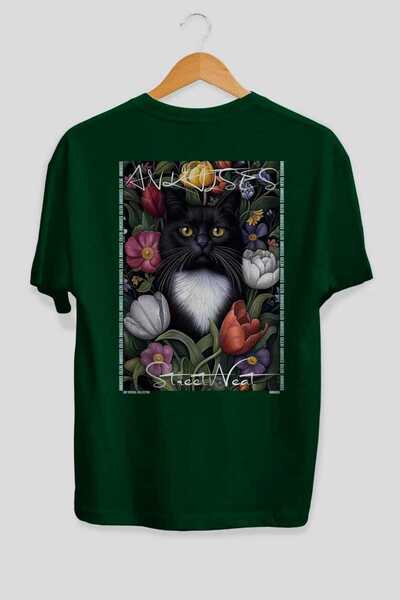 Ankhises 44 Cats for the Sake of Cats Printed Green Oversize T-Shirt 100% Cot...