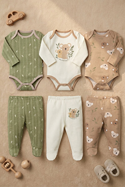 Koala Printed 6-Piece Bottom Top Set Baby Bodysuit Set