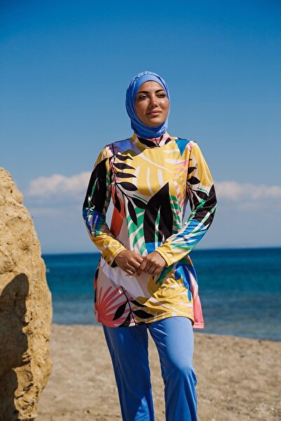 Riva Mera Costum de baie Rivamera, 3 piese, cu model de frunze tropicale alba...