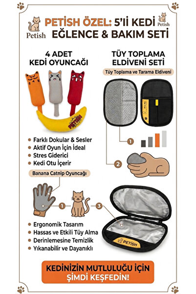 Petish Kedi Oyuncakları ve Tüy Toplama Eldiveni 5 li Set